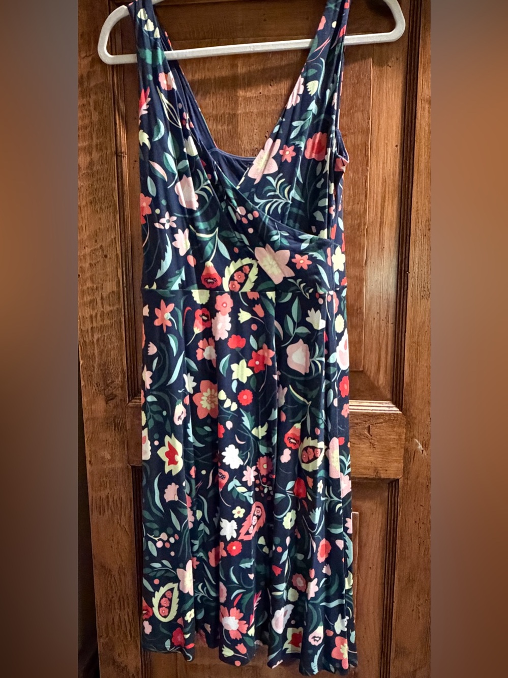 Boden Navy Floral Midi Dress with Pink and Red Accents